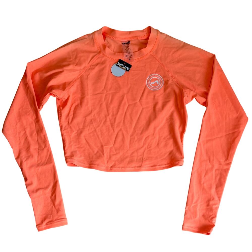 NWT Surf Style Orange Crop Top Sun Shirt Rash Guard Women’s Small Surf Beach